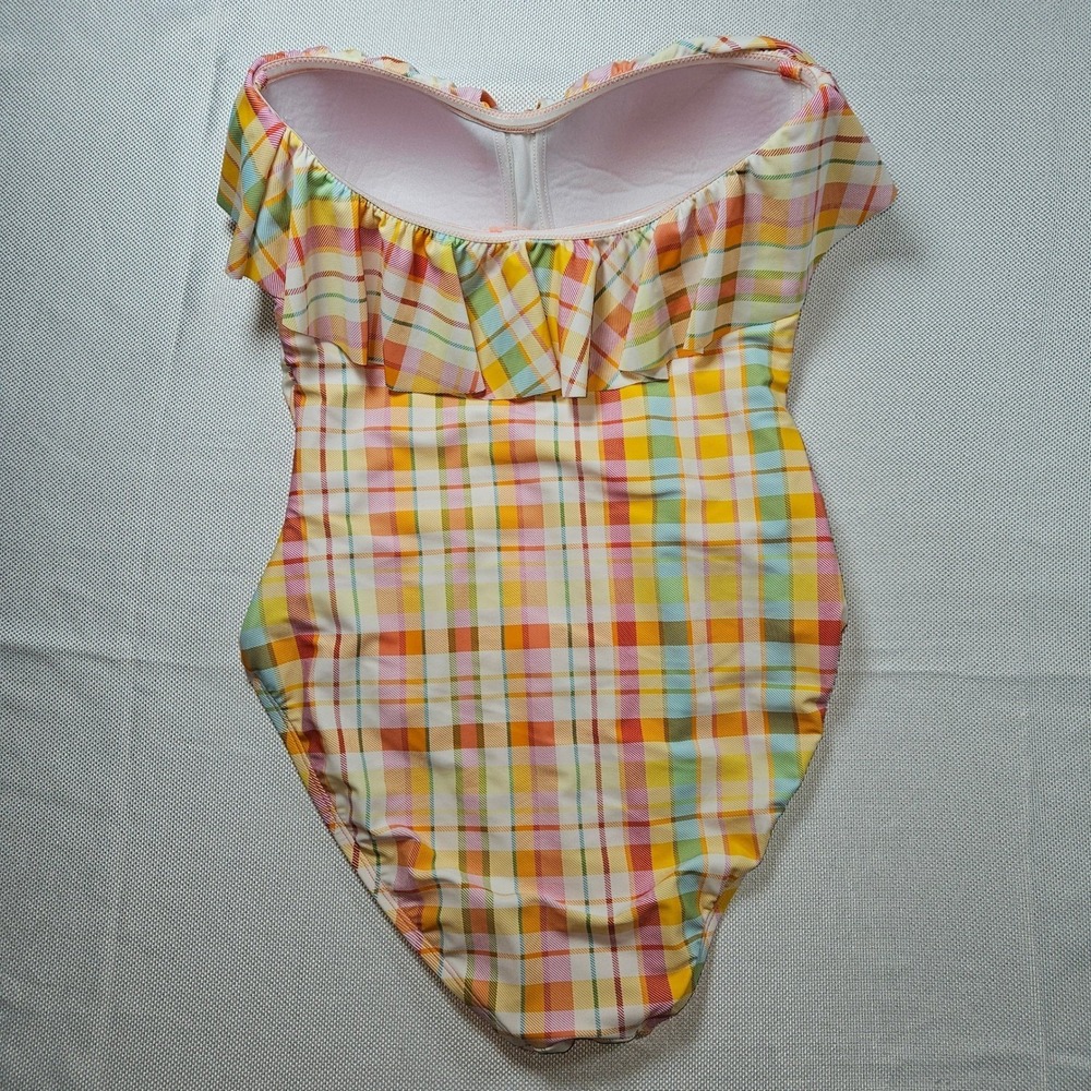 Bleu Rod Beattie Orange Plaid Ruffle Strapless One Piece Swimsuit Women's 10 - Picture 2 of 5